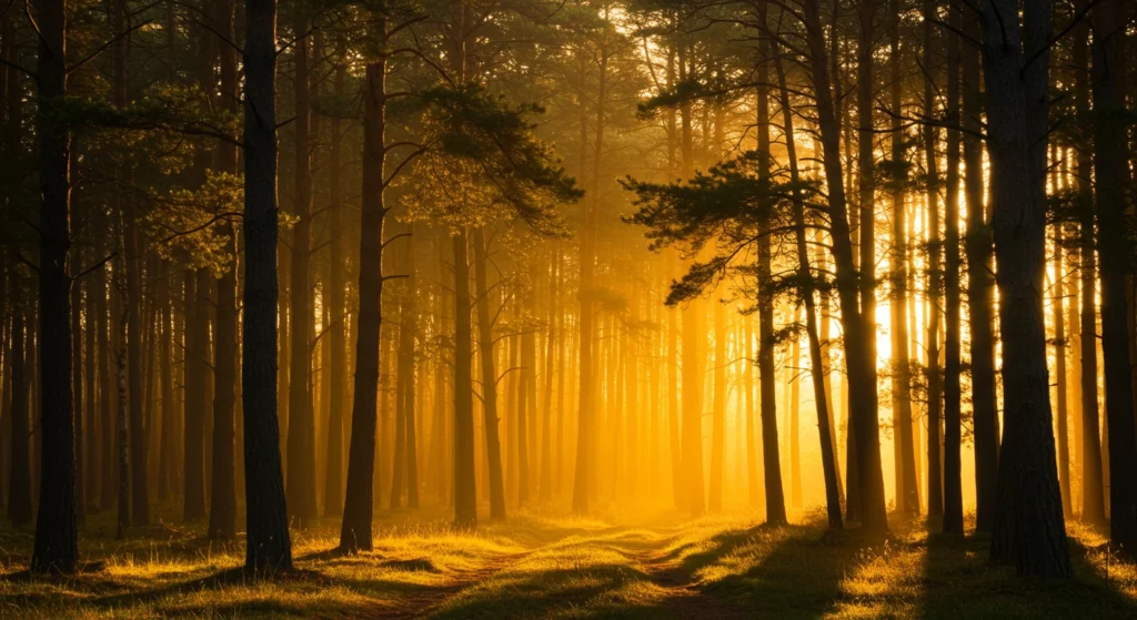 Raio de luz dourado penetrando a copa da floresta ao amanhecer