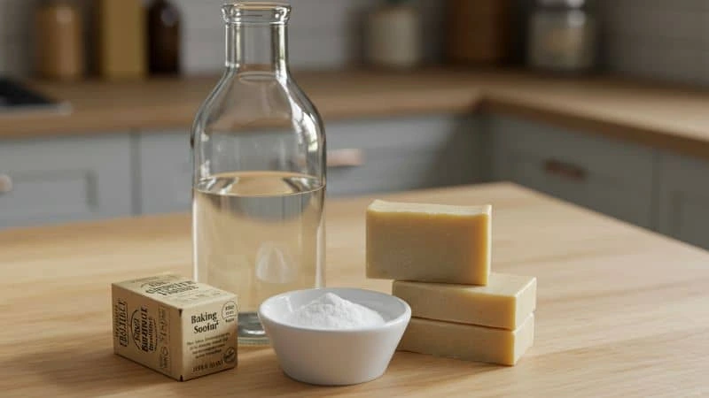 Bicarbonato, vinagre, sabão de coco e limão prontos para uso em limpeza