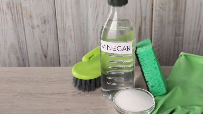 Vinagre em garrafa, bicarbonato em pote e escova de limpeza sobre bancada de cozinha
