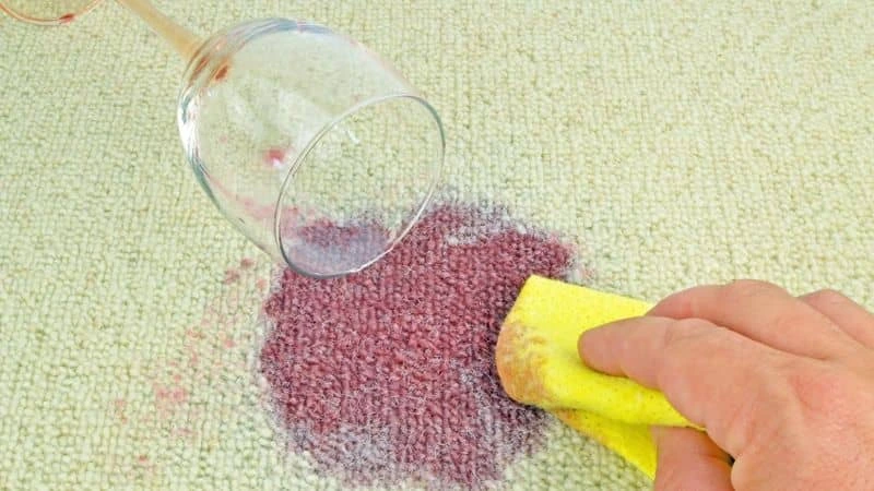 Pano amarelo absorvendo manchas de vinho em tapete bege