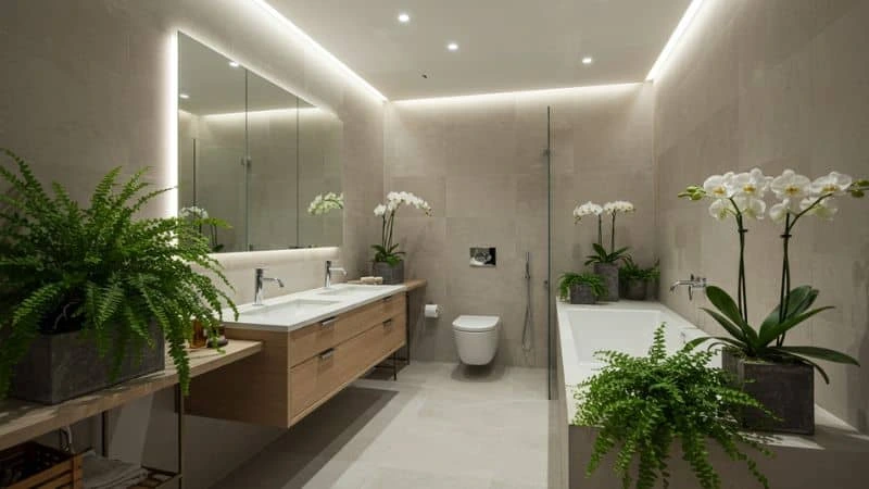 Banheiro sustentável com tecnologias ecológicas e design moderno