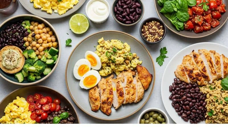 Pratos saudáveis com fontes de proteína diversas