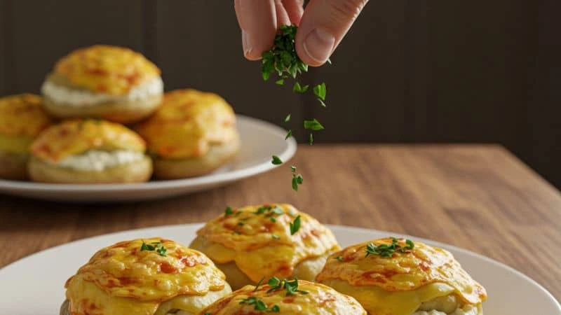 Rolinhos de batata com queijo crocantes e dourados em travessa