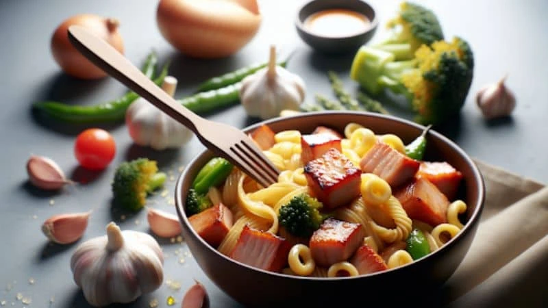 Tigela de macarrão com pedaços de carne suína agridoce e brócolis, rodeada por ingredientes frescos como alho, cebola, pimentão e tomate.