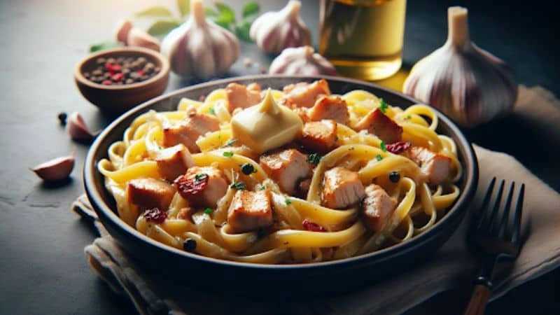 Tigela de macarrão com pedaços de carne suína dourada, guarnecido com um ponto de manteiga ou molho cremoso, e rodeado por dentes de alho, azeite e pimenta do reino.