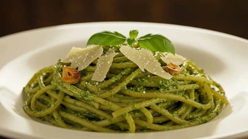 Macarrão ao pesto com alho envelhecido.
