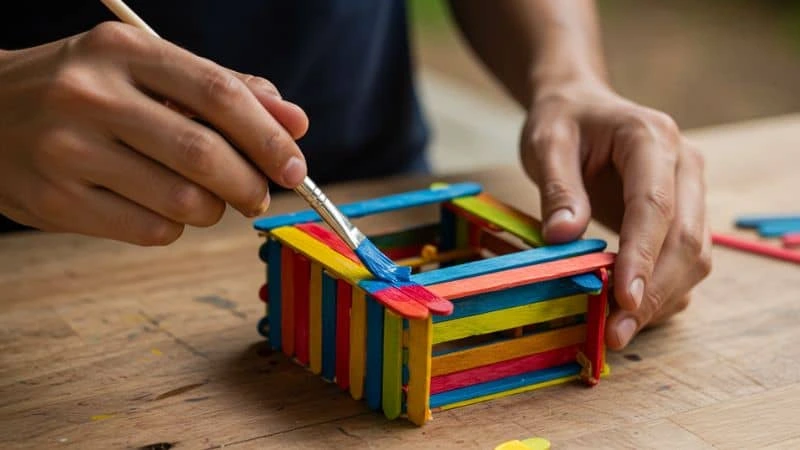 Passo a passo de pintura de porta-lápis com palitos de picolé