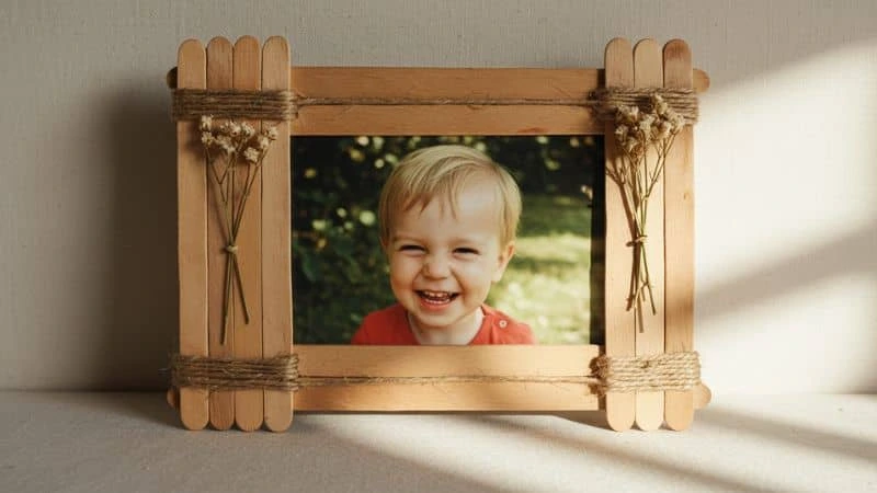 Porta‑retratos decorado com palitos de picolé e miçangas