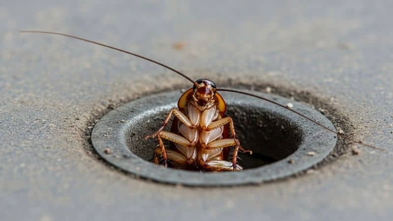 Barata emergindo de um ralo de cozinha, ilustrando esconderijo comum