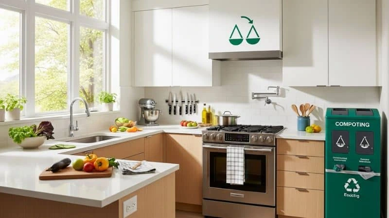 Cozinha organizada e iluminada, símbolo de equilíbrio ambiental.