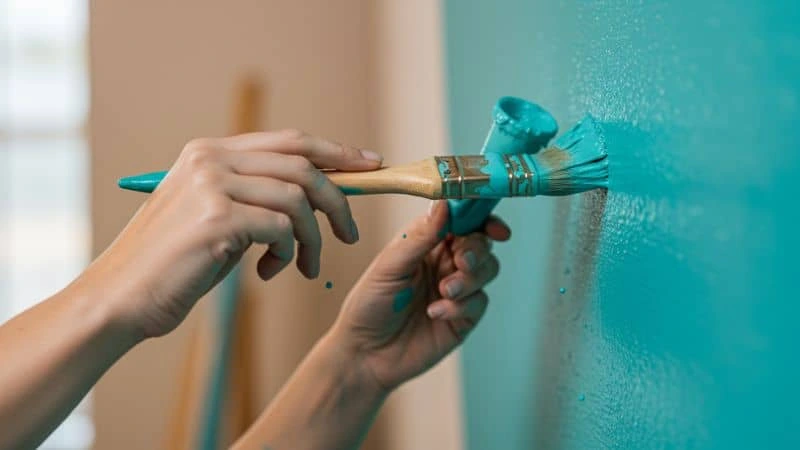 Close-up de mãos pintando parede ou montando móvel DIY