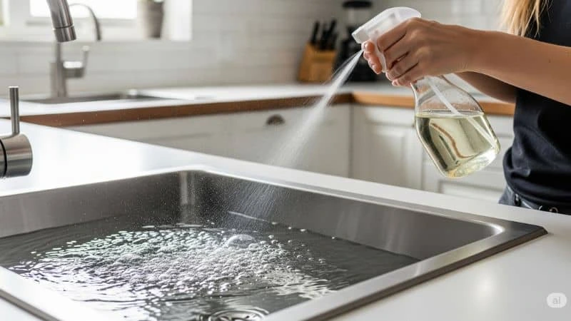 Limpeza da pia da cozinha com vinagre branco para repelir formigas.