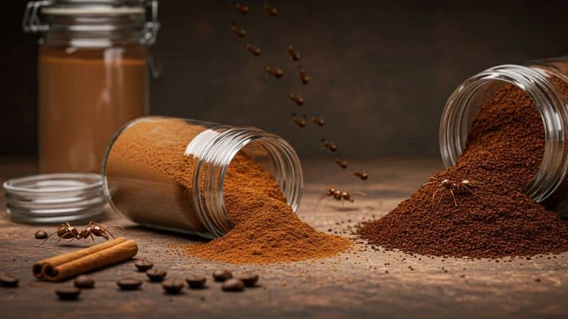 Canela em pó e borra de café usadas como barreiras naturais contra formigas em casa.