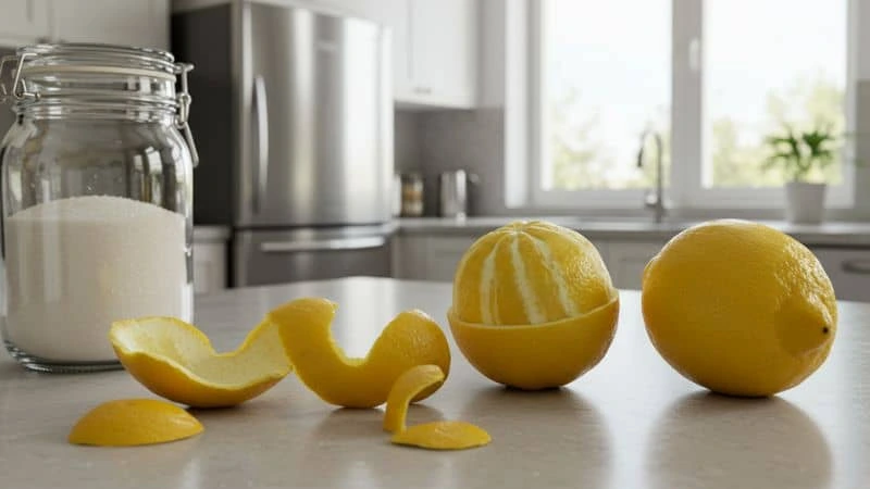 Cascas de limão e suco de limão para espantar formigas da cozinha de forma natural.