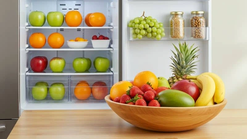 Maçãs e uvas na geladeira sobre esterilhas; bananas e mangas em fruteira dentro de casa