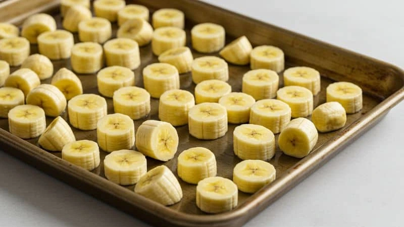 Pedaços de banana dispostos em assadeira para pré-congelamento