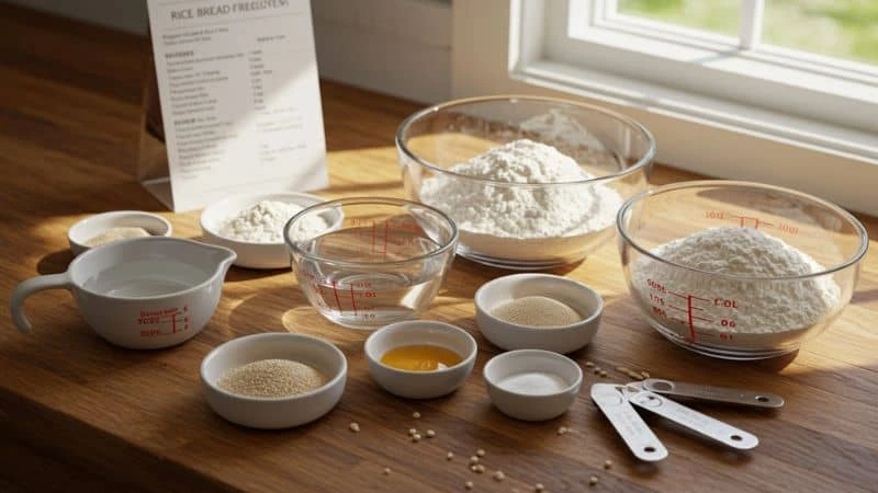 Taças com arroz, óleo e fermento, prontos para a receita de pão de arroz