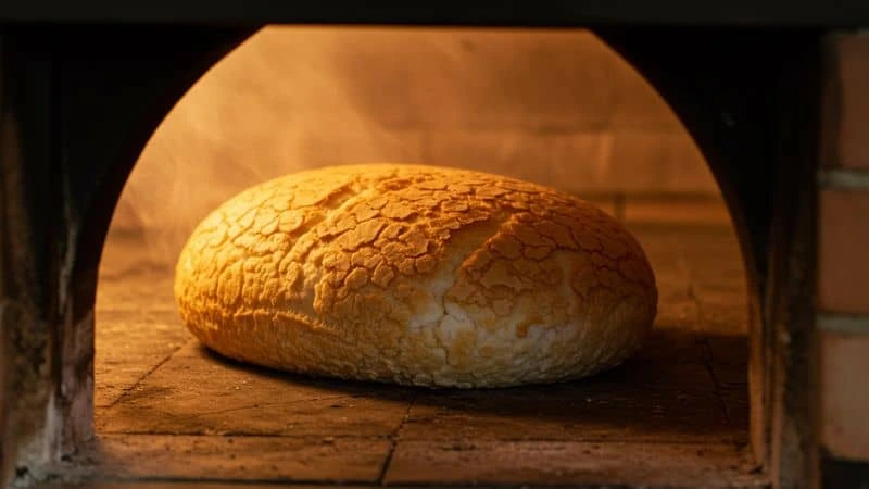 Pão de arroz sem glúten recém-assado, com casca crocante e cor dourada
