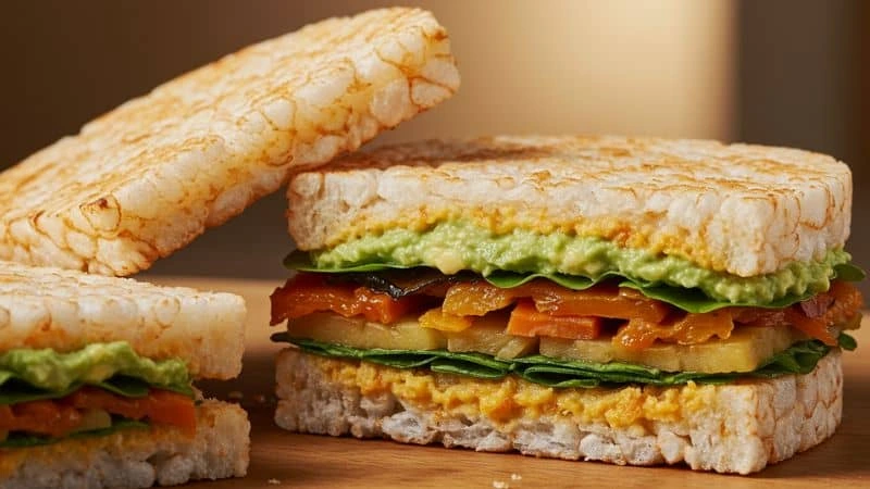 Sanduíche com pão de arroz vegano, recheado com folhas e tomate