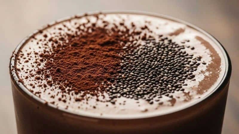 close-up de smoothie de banana com cacau e chia energizante
