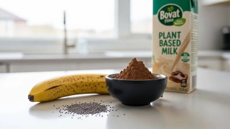 ingredientes para smoothie de banana com cacau e chia dispostos em bancada