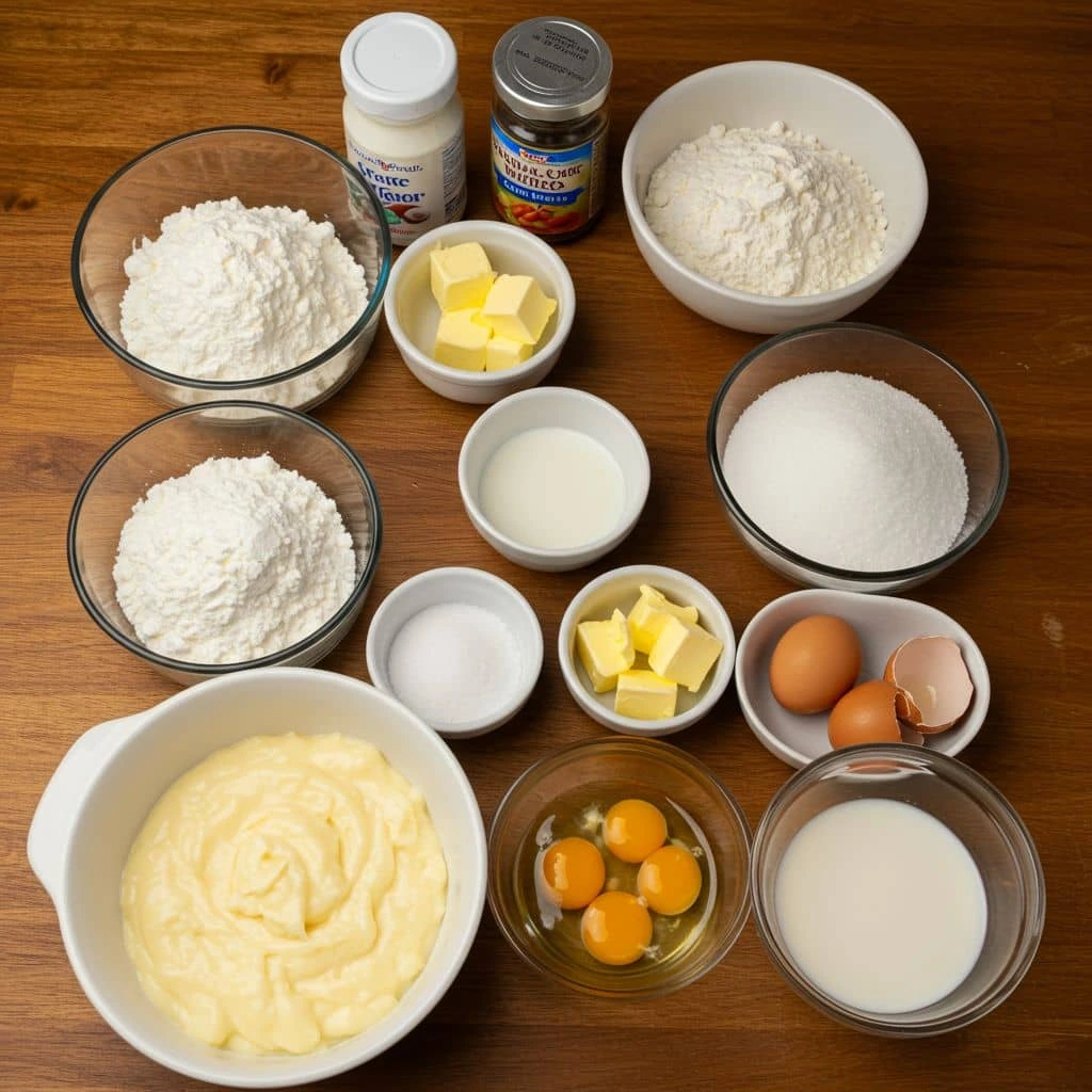 ingredientes do bolo pega marido fácil e cremoso organizados na bancada