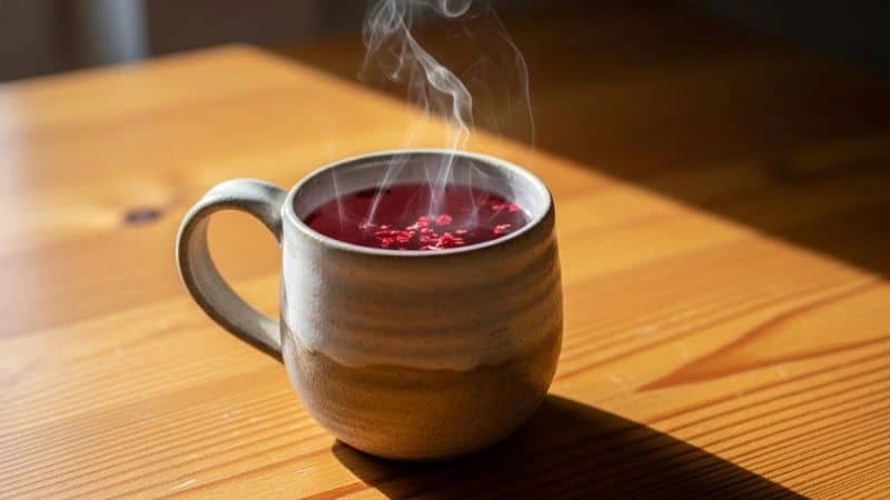 Caneca de chá de hibisco com vapor, sobre mesa de madeira