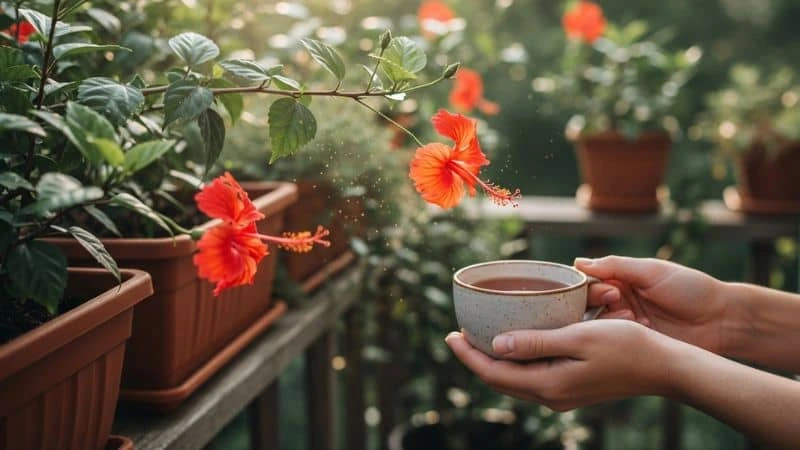 Mãos femininas segurando xícara de chá de hibisco com fundo de plantas