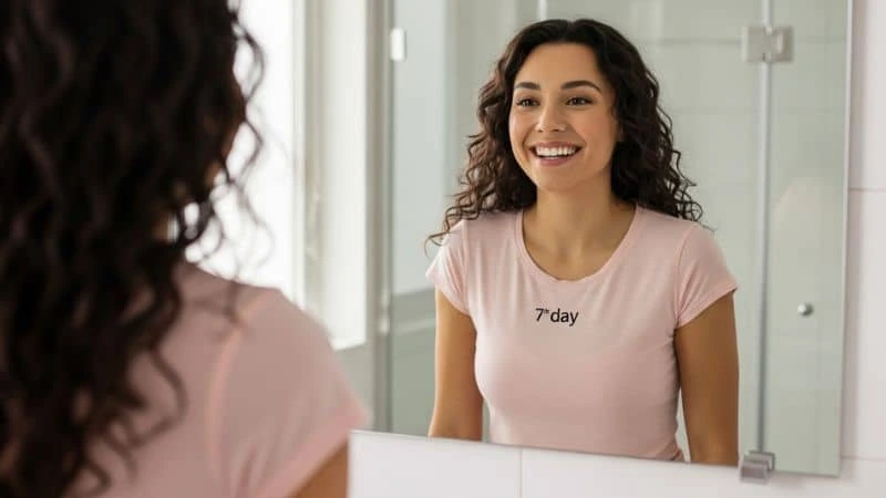 Reflexo de uma pessoa sorrindo diante do espelho no sétimo dia