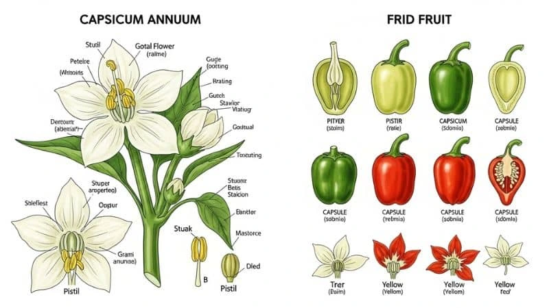 lustração botânica mostrando estrutura da flor hermafrodita e fruto de pimentão, sem distinção de sexo