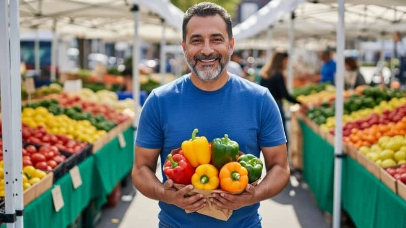 Um homem segurando pimentão vermelho firme em feira, demonstrando frescor