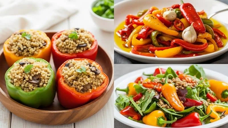 Várias preparações culinárias com pimentão: recheado, refogado e cru como salada
