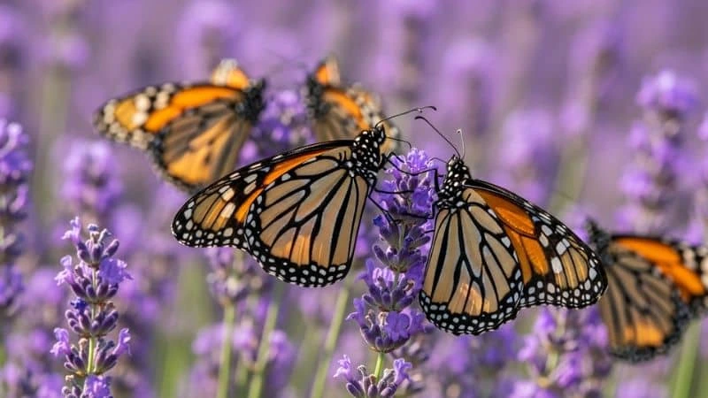 Borboletas pousando em flores de lavanda num jardim ensolarado