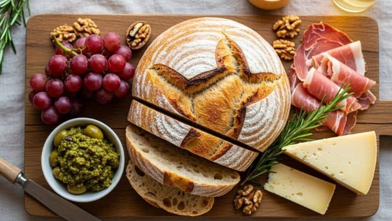 uma tábua de frios gourmet cuidadosamente arrumada. No centro, há um pão artesanal redondo com uma marca decorativa na crosta e algumas fatias já cortadas.