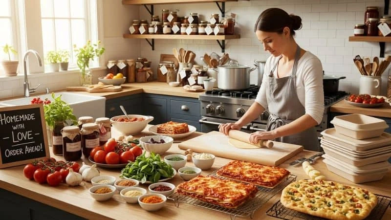 Cena de uma cozinha caseira acolhedora, com uma mulher de avental preparando massa de pizza sobre uma bancada repleta de ingredientes frescos e coloridos, como tomates, manjericão, queijos, temperos e azeite.